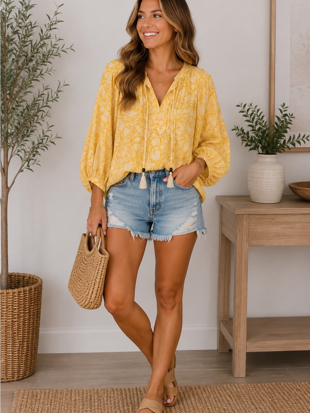 Sunny Yellow Printed V-Neck Peasant Blouse with Tassel Ties